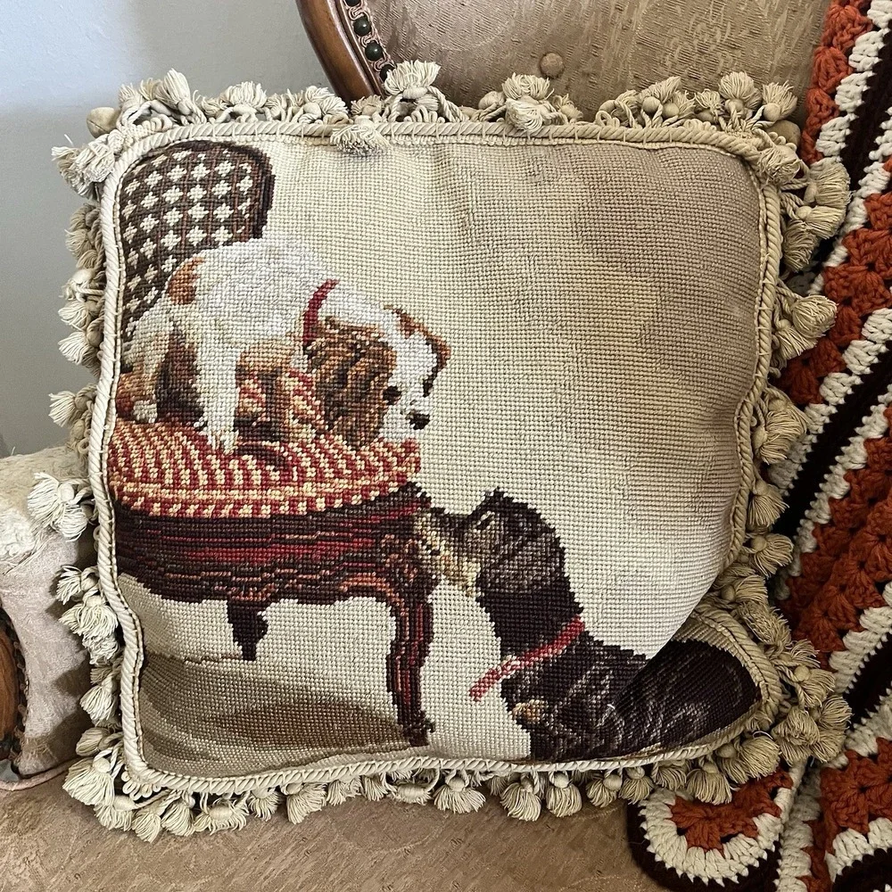 Vintage needlepoint pillow dachshund King Charles Spaniel tassel velvet 16x16